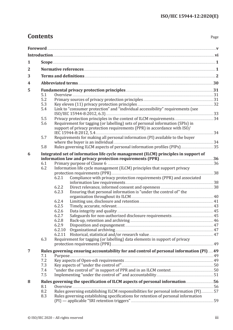 ISO/IEC 15944-12:2020 ISO/IEC 15944-12:2020 - Information technology — Business operational view — Part 12: Privacy protection requirements (PPR) on information life cycle management (ILCM) and EDI of personal information (PI)/25/2020 - Page 3 preview