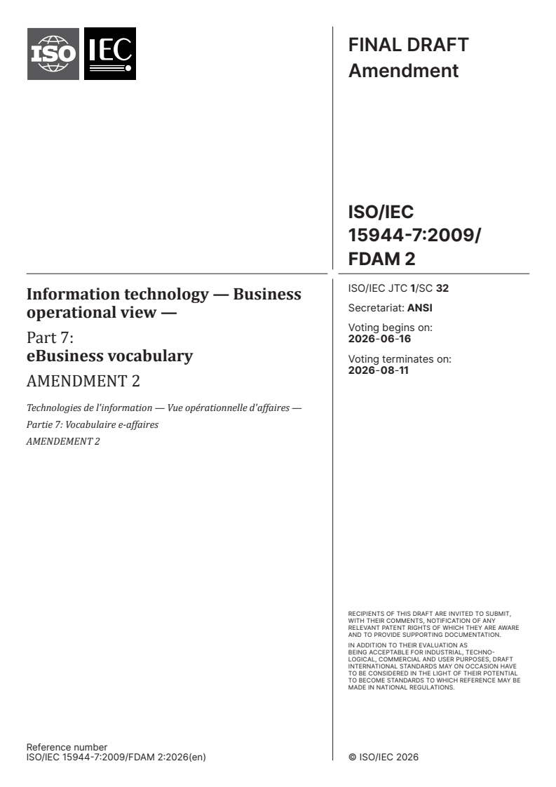 ISO/IEC 15944-7:2009/Amd 2 ISO/IEC 15944-7:2009/FDAmd 2 - Information technology — Business operational view — Part 7: eBusiness vocabulary — Amendment 2 - Page 1 preview