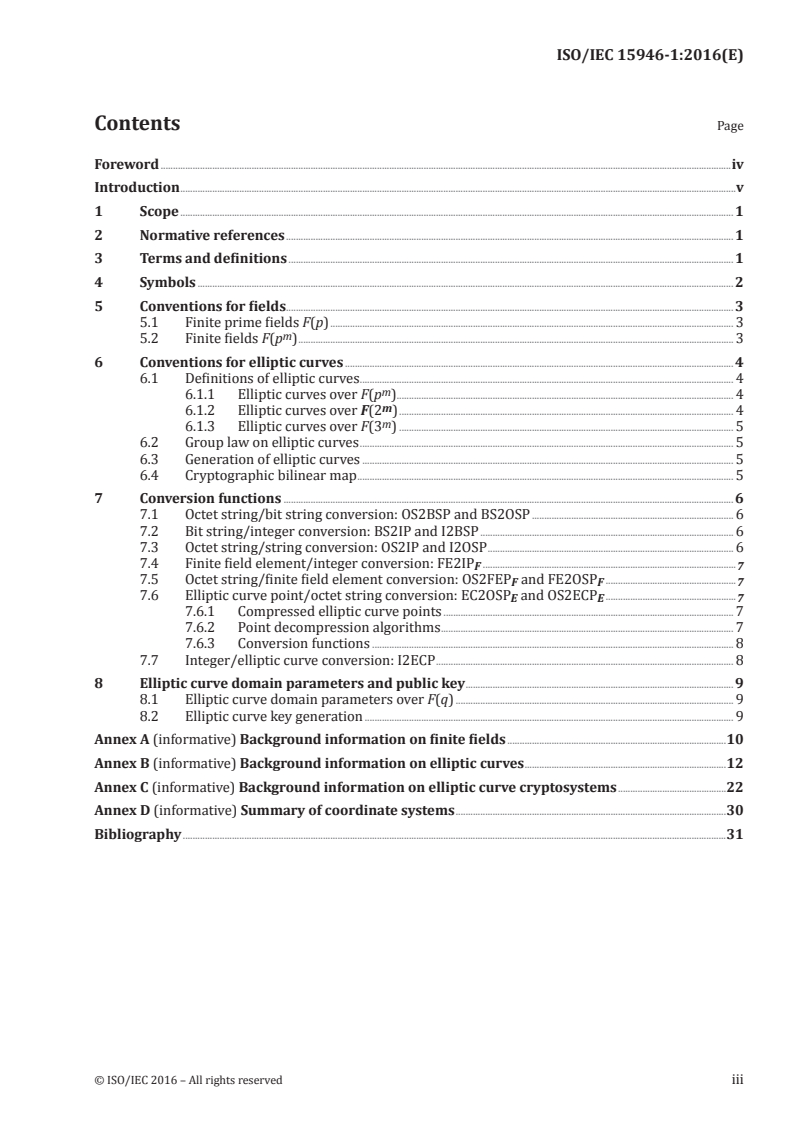 ISO/IEC 15946-1:2016 ISO/IEC 15946-1:2016 - Information technology — Security techniques — Cryptographic techniques based on elliptic curves — Part 1: General/4/2016 - Page 3 preview