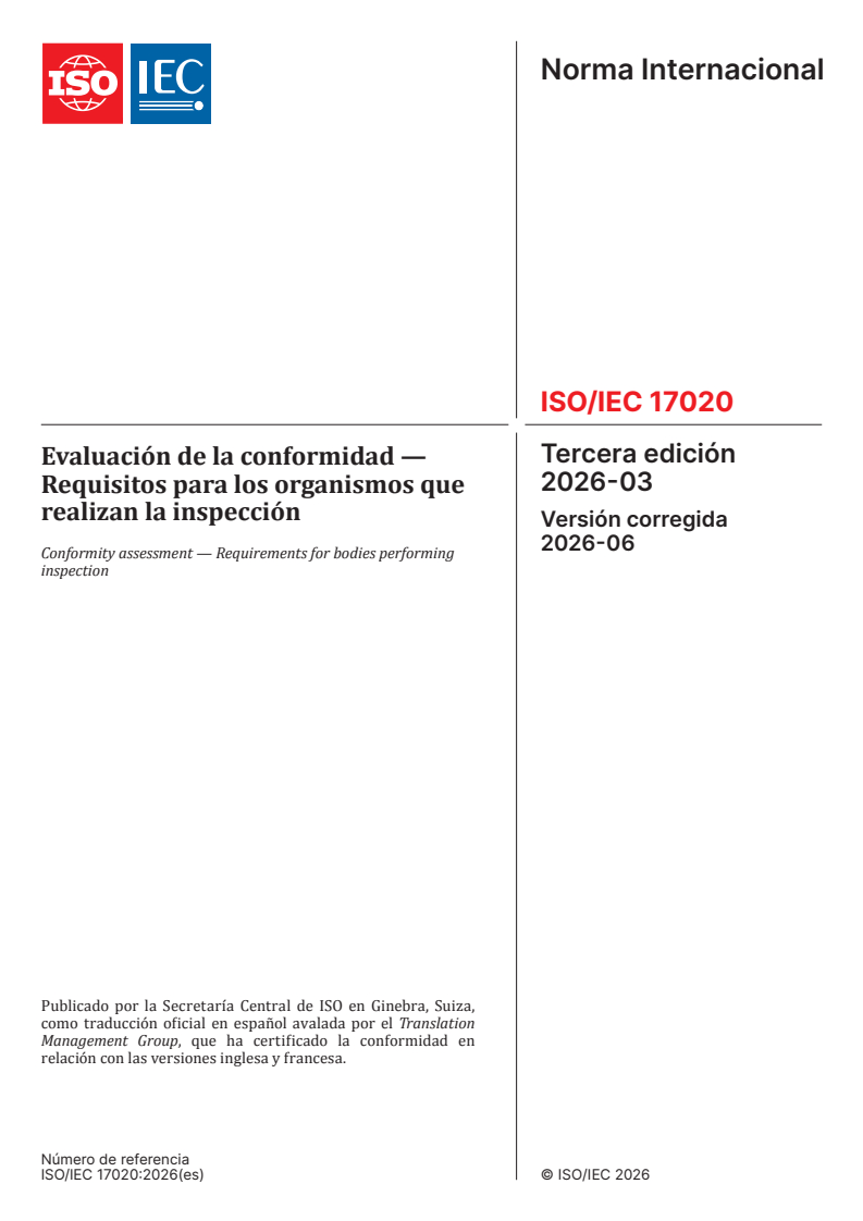 ISO/IEC 17020:2026 ISO/IEC 17020:2026 - Conformity assessment — Requirements for bodies performing inspection - Page 1 preview