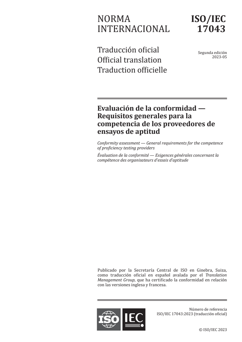 ISO/IEC 17043:2023 ISO/IEC 17043:2023 - Conformity assessment — General requirements for the competence of proficiency testing providers/18/2023 - Page 1 preview
