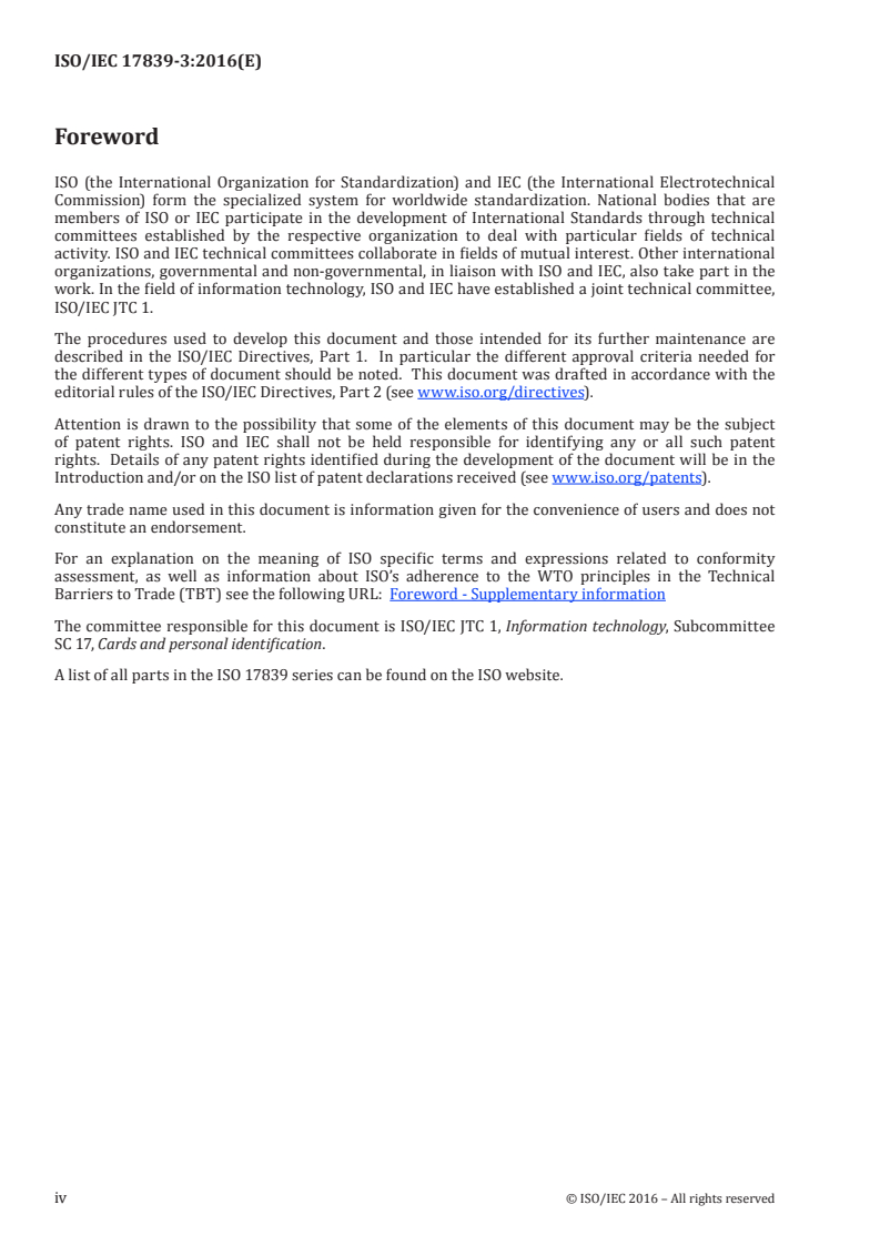 ISO/IEC 17839-3:2016 ISO/IEC 17839-3:2016 - Information technology — Identification cards — Biometric System-on-Card — Part 3: Logical information interchange mechanism/26/2016 - Page 4 preview