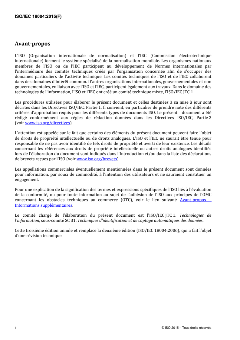 ISO/IEC 18004:2015 ISO/IEC 18004:2015 - Technologies de l'information — Technologie d'identification automatique et de capture des données — Spécification de la symbologie de code à barres Code QR/16/2015 - Page 3 preview