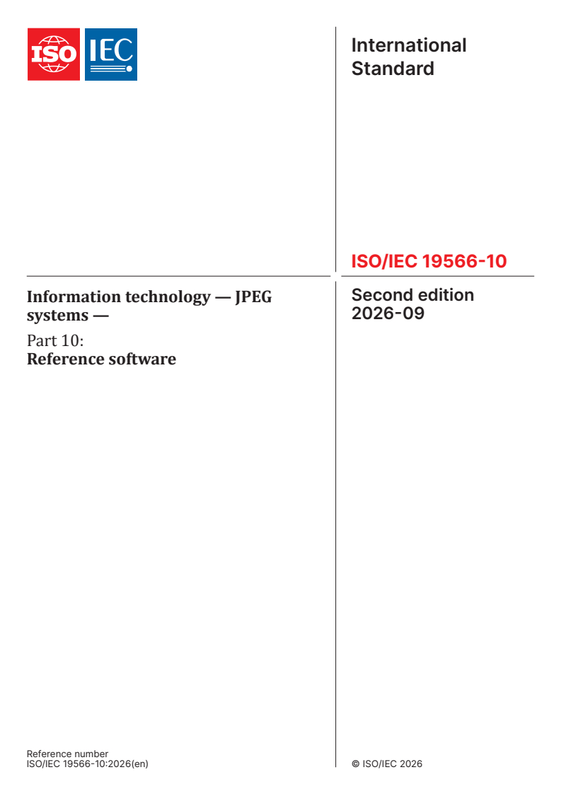 ISO/IEC 19566-10:2026 ISO/IEC 19566-10:2026 - Information technology — JPEG systems — Part 10: Reference software - Page 1 preview