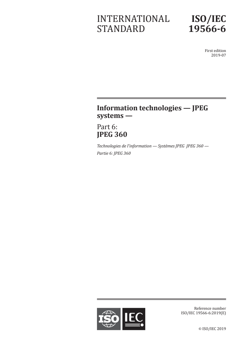 ISO/IEC 19566-6:2019 ISO/IEC 19566-6:2019 - Information technologies — JPEG systems — Part 6: JPEG 360/26/2019 - Page 1 preview