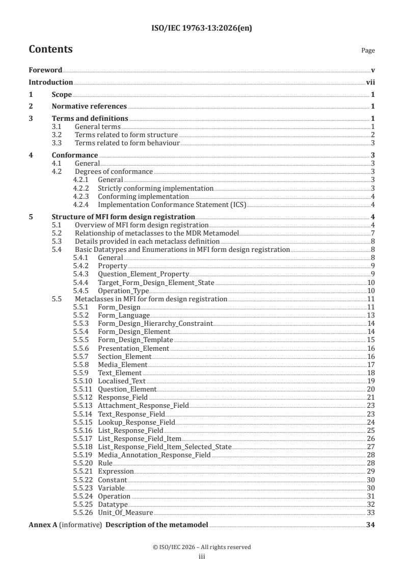 ISO/IEC 19763-13:2026 ISO/IEC 19763-13:2026 - Information technology — Metamodel framework for interoperability (MFI) — Part 13: Metamodel for form design registration - Page 3 preview