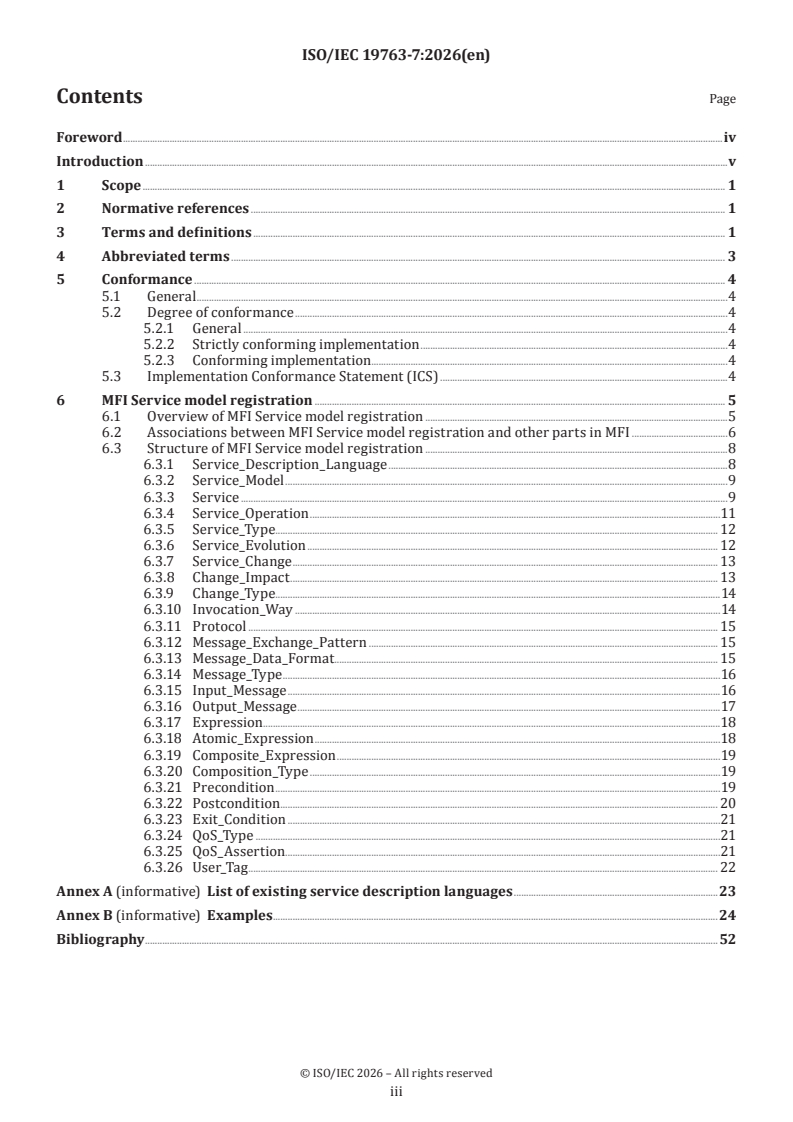 ISO/IEC 19763-7:2026 ISO/IEC 19763-7:2026 - Information technology — Metamodel framework for interoperability (MFI) — Part 7: Metamodel for service model registration - Page 3 preview