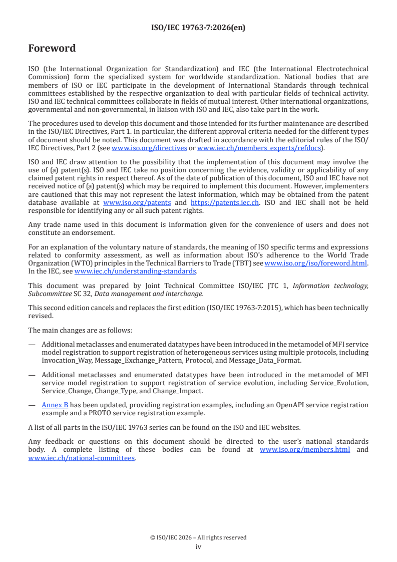 ISO/IEC 19763-7:2026 ISO/IEC 19763-7:2026 - Information technology — Metamodel framework for interoperability (MFI) — Part 7: Metamodel for service model registration - Page 4 preview
