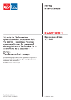 ISO/IEC 19896-1:2025 ISO/IEC 19896-1:2025 - Sécurité de l'information, cybersécurité et protection de la vie privée ― Exigences relatives aux compétences du personnel des organismes d'évaluation de la conformité de la sécurité TI — Partie 1: Vue d'ensemble et concepts
Released:19. 11. 2025 - Page 1 preview