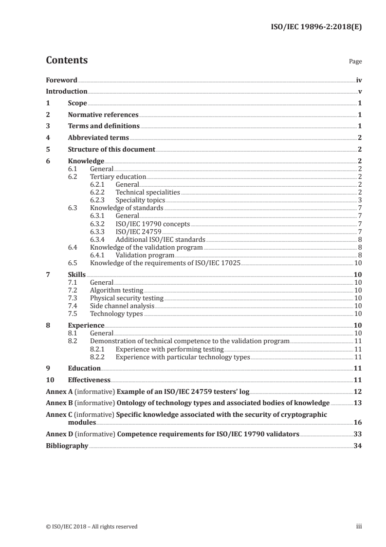 ISO/IEC 19896-2:2018 ISO/IEC 19896-2:2018 - IT security techniques — Competence requirements for information security testers and evaluators — Part 2: Knowledge, skills and effectiveness requirements for ISO/IEC 19790 testers/24/2018 - Page 3 preview