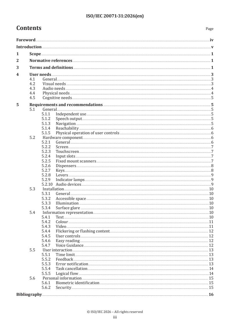 ISO/IEC 20071-31:2026 ISO/IEC 20071-31:2026 - Information technology — User interface component accessibility — Part 31: Accessibility of kiosks - Page 3 preview