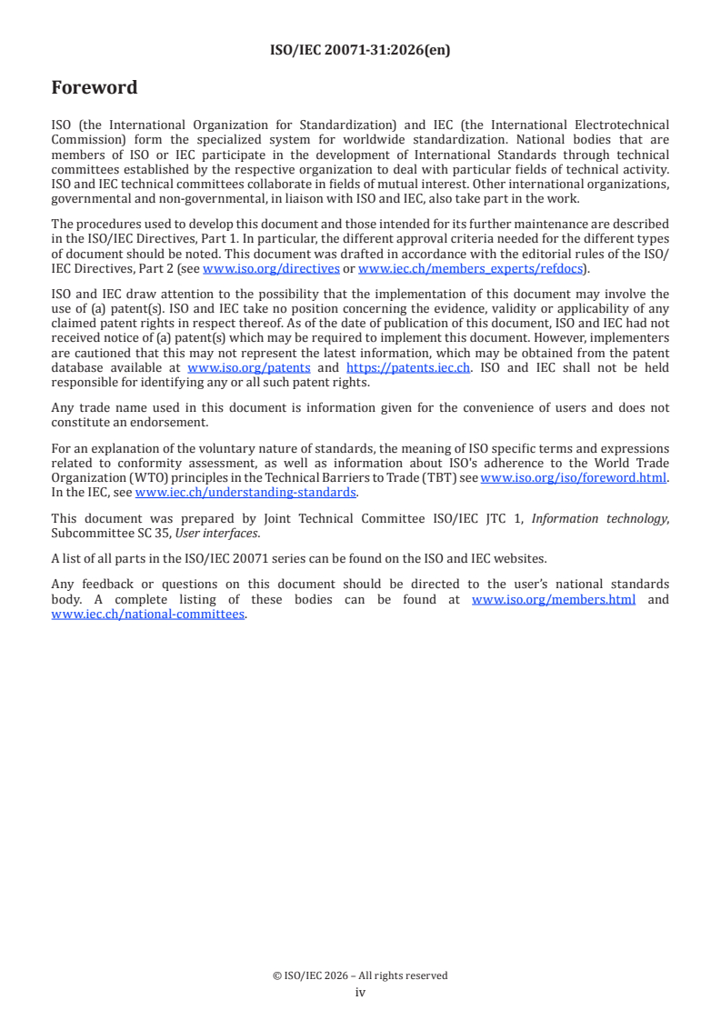 ISO/IEC 20071-31:2026 ISO/IEC 20071-31:2026 - Information technology — User interface component accessibility — Part 31: Accessibility of kiosks - Page 4 preview