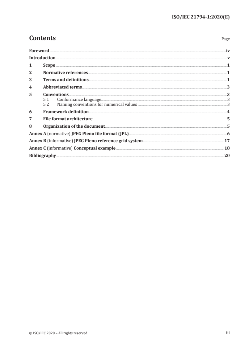 ISO/IEC 21794-1:2020 ISO/IEC 21794-1:2020 - Information technology — Plenoptic image coding system (JPEG Pleno) — Part 1: Framework/17/2020 - Page 3 preview