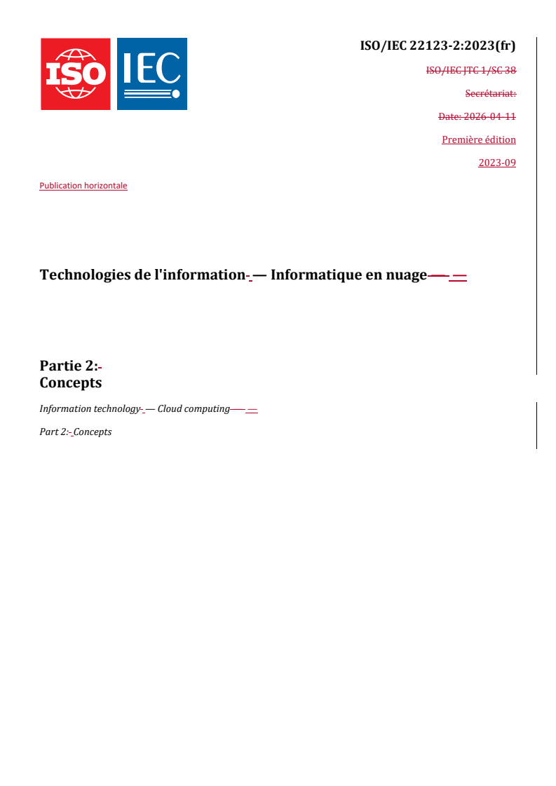 ISO/IEC 22123-2:2023 REDLINE ISO/IEC 22123-2:2023 - Technologies de l'information — Informatique en nuage — Partie 2: Concepts - Page 1 preview