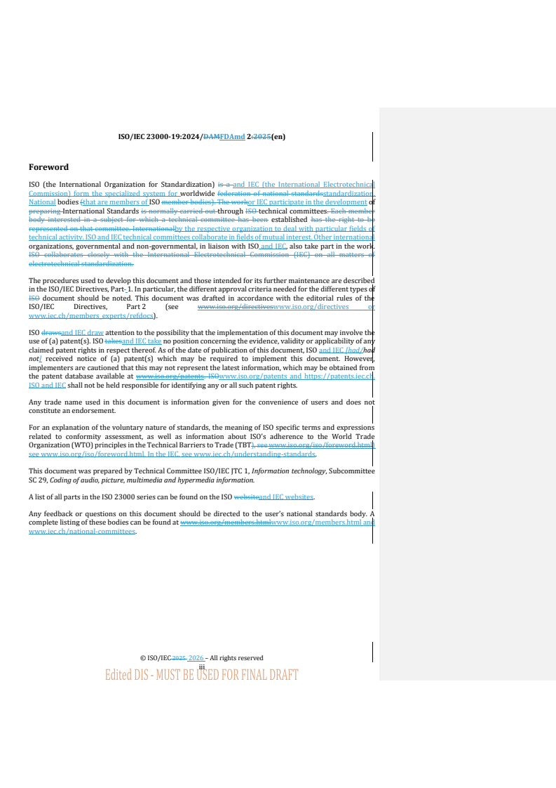 ISO/IEC 23000-19:2024/Amd 2 REDLINE ISO/IEC 23000-19:2024/FDAmd 2 - Information technology — Multimedia application format (MPEG-A) — Part 19: Common media application format (CMAF) for segmented media — Amendment 2: Additional structural CMAF brand profile - Page 3 preview