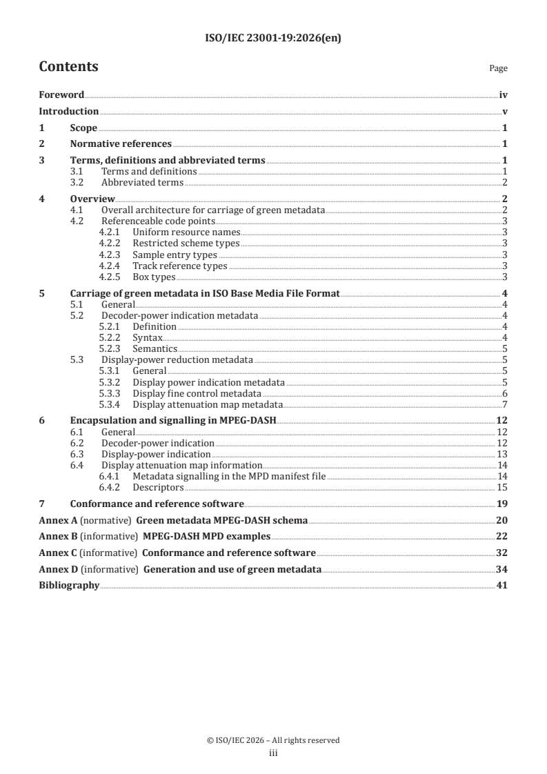 ISO/IEC 23001-19:2026 ISO/IEC 23001-19:2026 - Information technology — MPEG systems technologies — Part 19: Carriage of green metadata - Page 3 preview