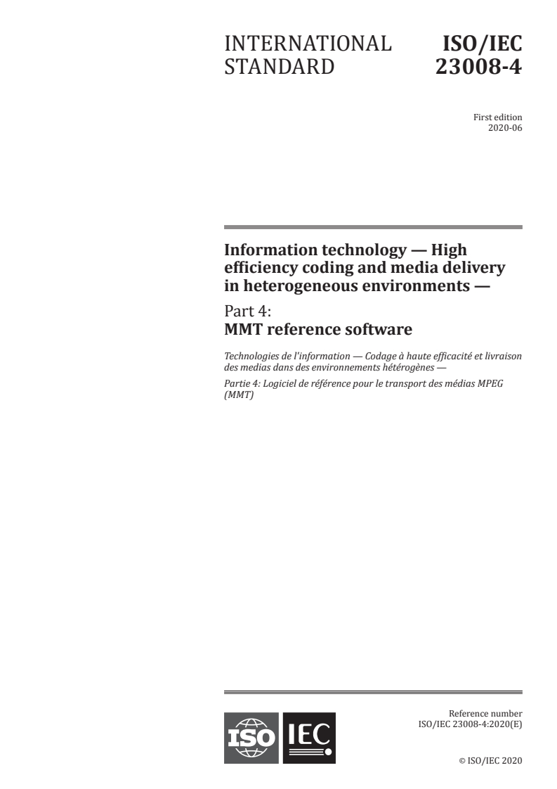 ISO/IEC 23008-4:2020 ISO/IEC 23008-4:2020 - Information technology — High efficiency coding and media delivery in heterogeneous environments — Part 4: MMT reference software
Released:6/4/2020 - Page 1 preview