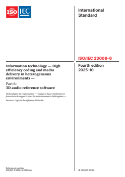 ISO/IEC 23008-6:2025 - Information technology — High efficiency coding and media delivery in heterogeneous environments — Part 6: 3D audio reference software
Released:24. 10. 2025 - Page 1 preview