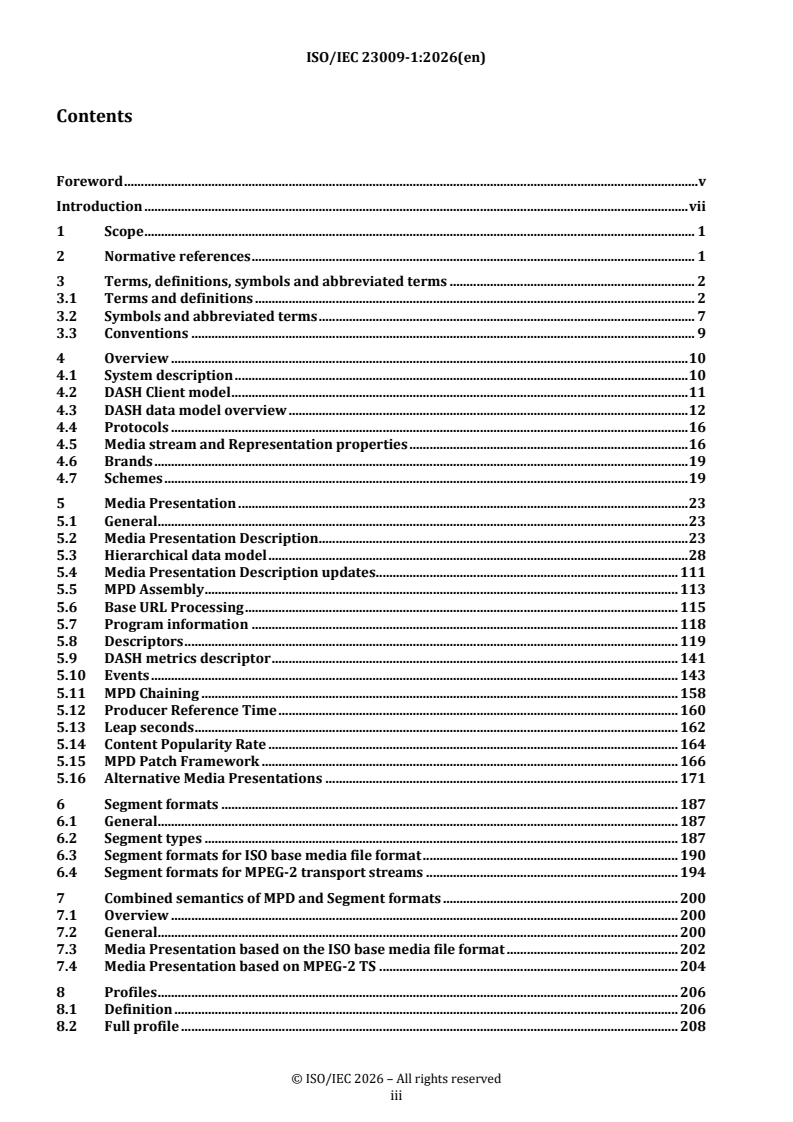 ISO/IEC 23009-1:2026 ISO/IEC 23009-1:2026 - Information technology — Dynamic adaptive streaming over HTTP (DASH) — Part 1: Media presentation description and segment formats - Page 3 preview