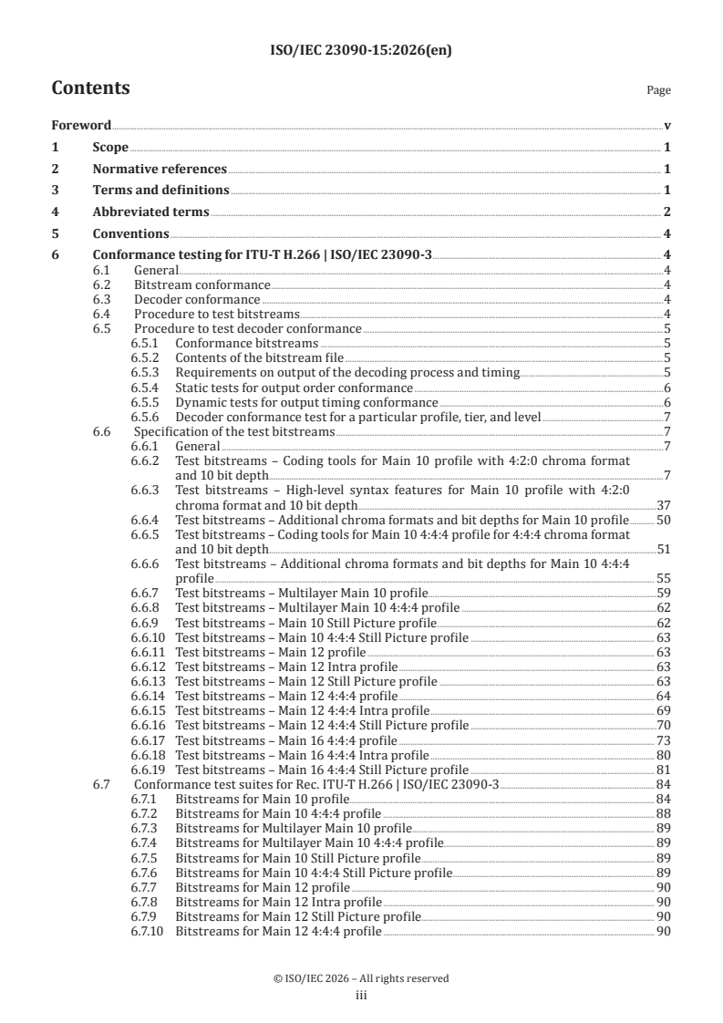 ISO/IEC 23090-15:2026 ISO/IEC 23090-15:2026 - Information technology — Coded representation of immersive media — Part 15: Conformance testing for versatile video coding - Page 3 preview