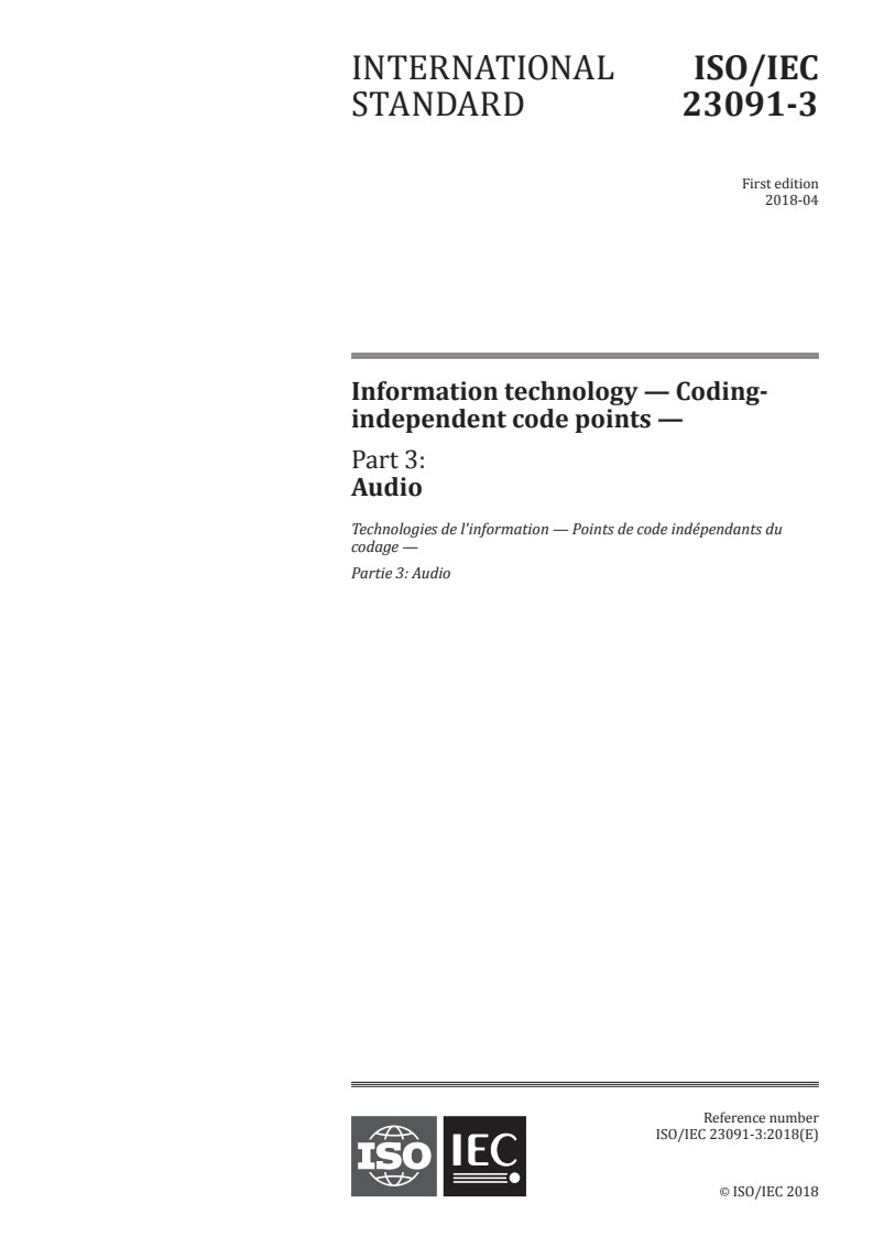 ISO/IEC 23091-3:2018 ISO/IEC 23091-3:2018 - Information technology — Coding-independent code points — Part 3: Audio/11/2018 - Page 1 preview