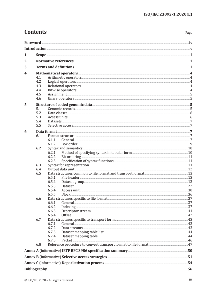 ISO/IEC 23092-1:2020 ISO/IEC 23092-1:2020 - Information technology — Genomic information representation — Part 1: Transport and storage of genomic information/20/2020 - Page 3 preview