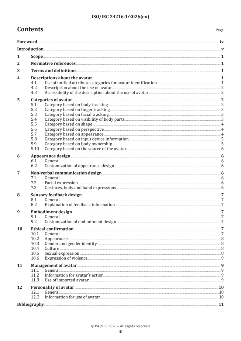ISO/IEC 24216-1:2026 ISO/IEC 24216-1:2026 - Information technology — User interface requirements and guidelines on avatars — Part 1: General - Page 3 preview