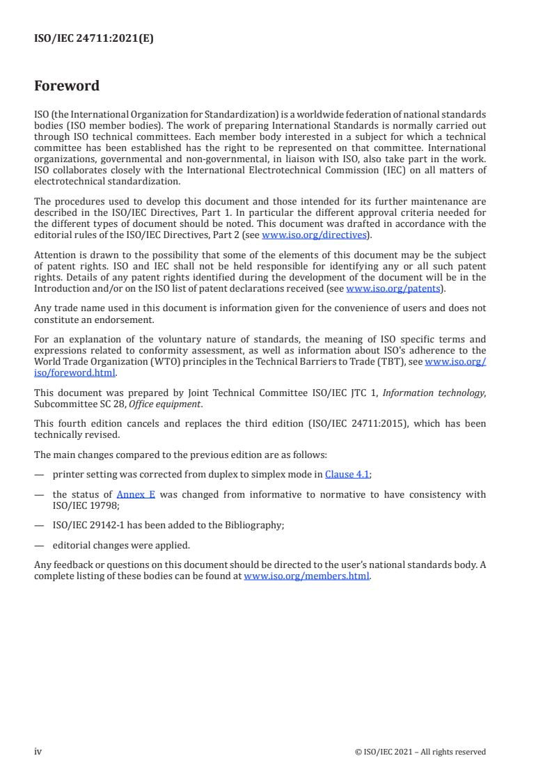 ISO/IEC 24711:2021 ISO/IEC 24711:2021 - Information technology — Office equipment — Method for the determination of ink cartridge yield for colour inkjet printers and multi-function devices that contain printer components/11/2021 - Page 4 preview