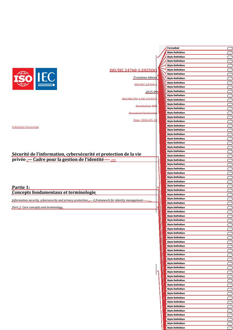 ISO/IEC 24760-1:2025 REDLINE ISO/IEC 24760-1:2025 - Sécurité de l'information, cybersécurité et protection de la vie privée — Cadre pour la gestion de l'identité — Partie 1: Concepts fondamentaux et terminologie - Page 1 preview