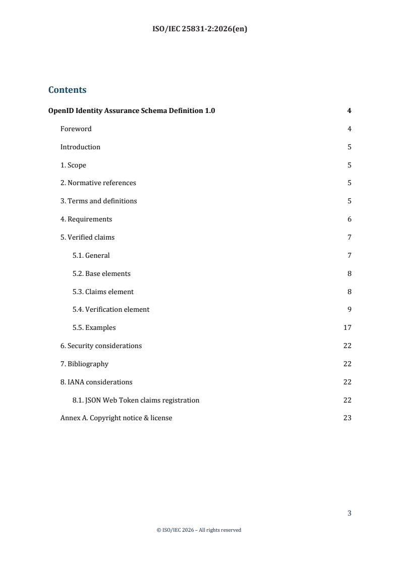 ISO/IEC 25831-2:2026 ISO/IEC 25831-2:2026 - Information technology — OpenID identity assurance 1.0 — Part 2: Schema definition - Page 3 preview