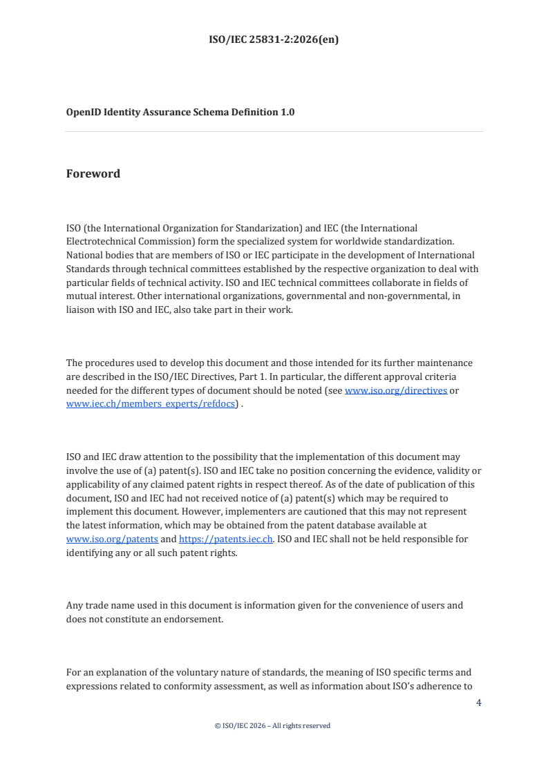ISO/IEC 25831-2:2026 ISO/IEC 25831-2:2026 - Information technology — OpenID identity assurance 1.0 — Part 2: Schema definition - Page 4 preview