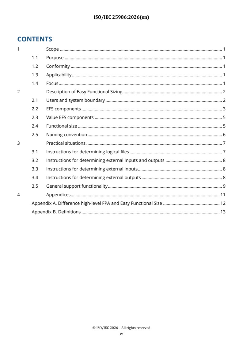 ISO/IEC 25986:2026 ISO/IEC 25986:2026 - Software engineering — NESMA functional size measurement method — Easy functional sizing (EFS) - Page 4 preview