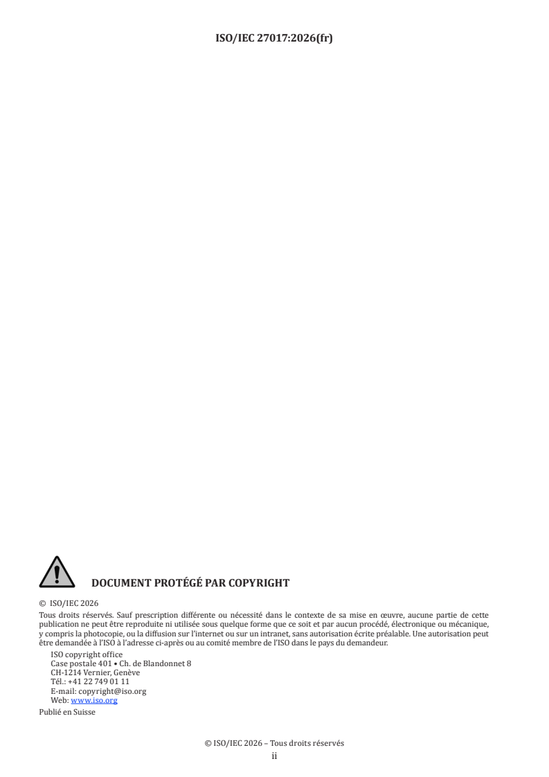 ISO/IEC 27017:2026 ISO/IEC 27017:2026 - Sécurité de l'information, cybersécurité et protection de la vie privée — Contrôles de sécurité de l'information fondés sur l'ISO/IEC 27002 pour les services du nuage - Page 2 preview