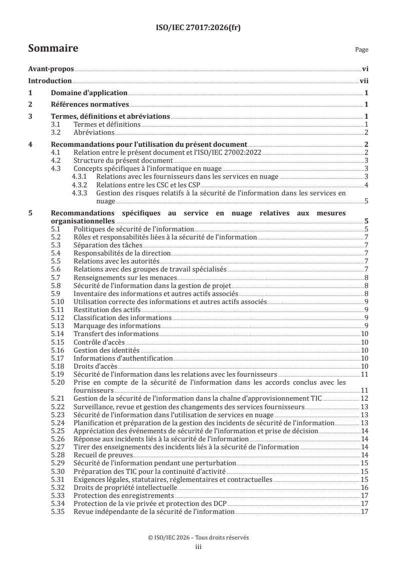 ISO/IEC 27017:2026 ISO/IEC 27017:2026 - Sécurité de l'information, cybersécurité et protection de la vie privée — Contrôles de sécurité de l'information fondés sur l'ISO/IEC 27002 pour les services du nuage - Page 3 preview