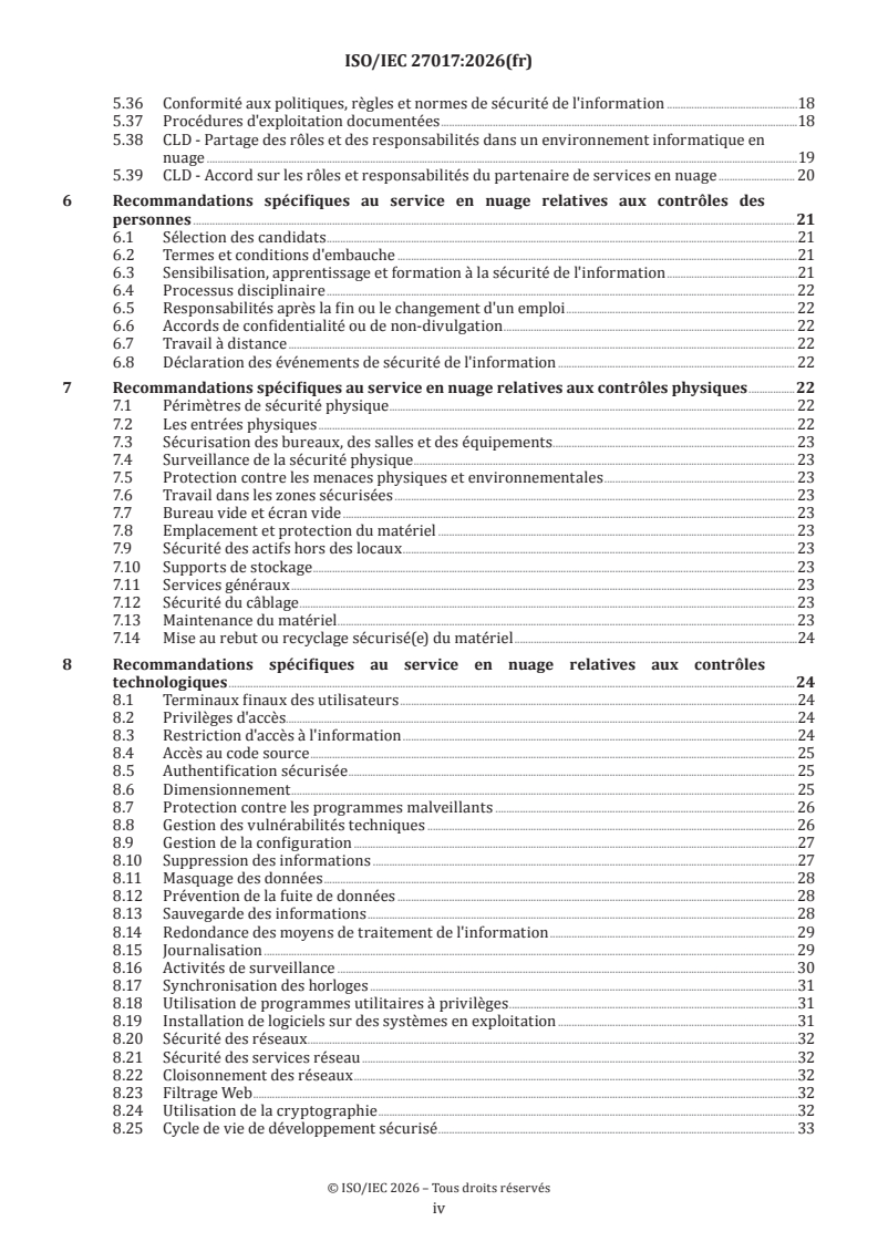 ISO/IEC 27017:2026 ISO/IEC 27017:2026 - Sécurité de l'information, cybersécurité et protection de la vie privée — Contrôles de sécurité de l'information fondés sur l'ISO/IEC 27002 pour les services du nuage - Page 4 preview