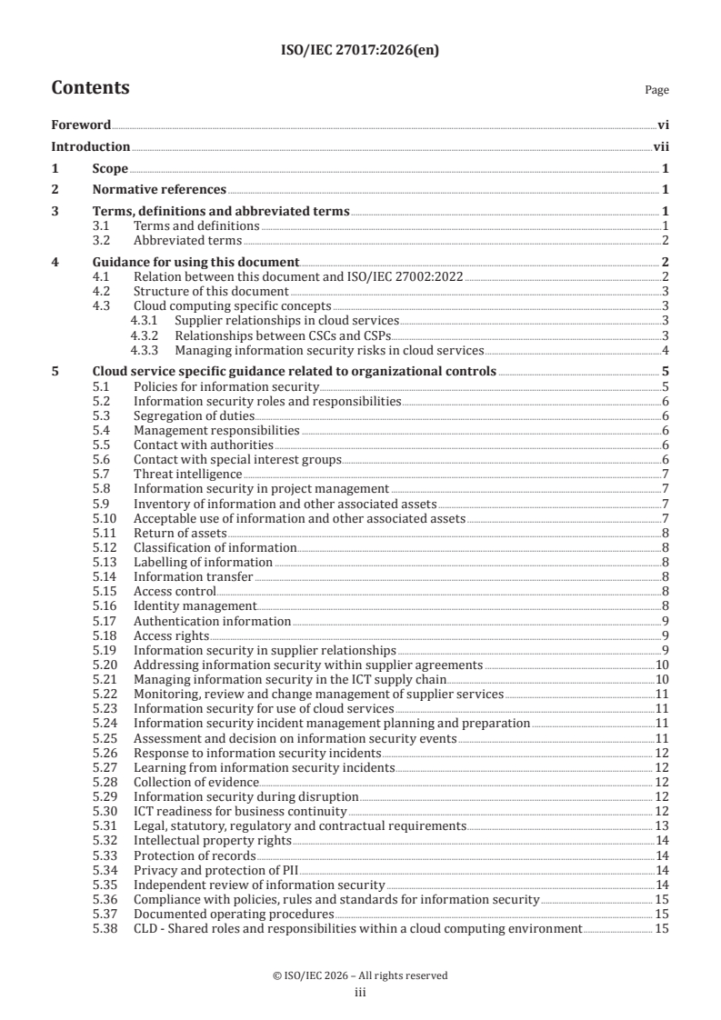 ISO/IEC 27017:2026 ISO/IEC 27017:2026 - Information security, cybersecurity and privacy protection — Information security controls based on ISO/IEC 27002 for cloud services - Page 3 preview