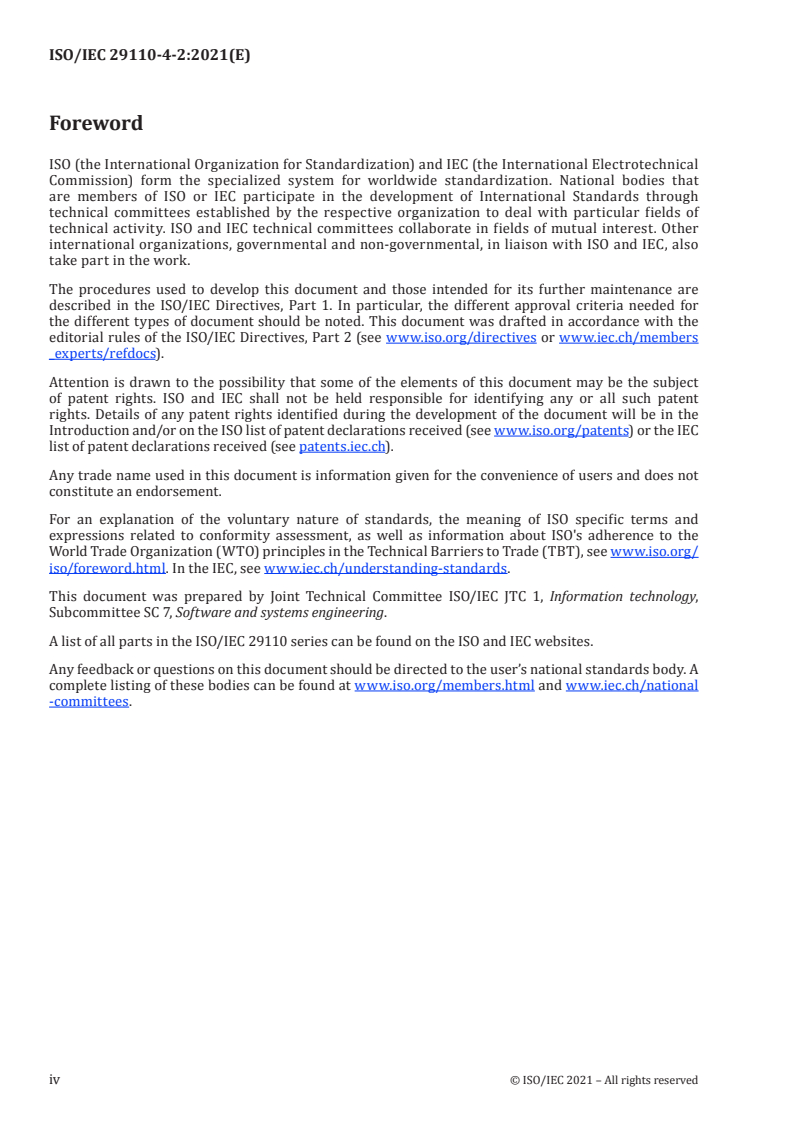 ISO/IEC 29110-4-2:2021 ISO/IEC 29110-4-2:2021 - Systems and software engineering — Lifecycle profiles for Very Small Entities (VSEs) — Part 4-2: Software engineering: Profile specifications: Organizational management profile group/16/2021 - Page 4 preview