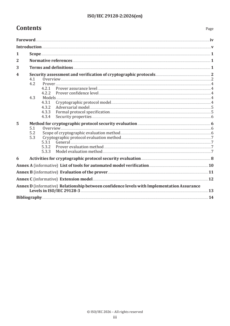 ISO/IEC 29128-2:2026 ISO/IEC 29128-2:2026 - Information security, cybersecurity and privacy protection — Verification of cryptographic protocols — Part 2: Evaluation methods and activities for cryptographic protocols - Page 3 preview