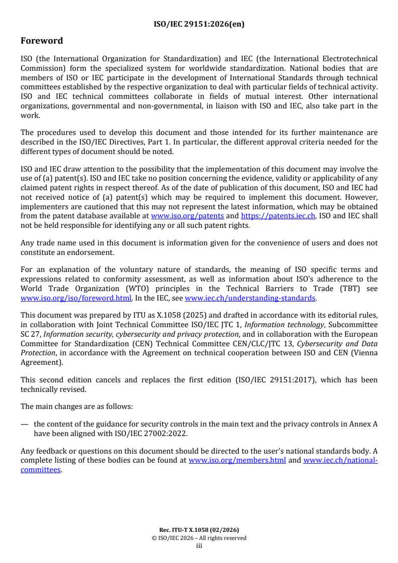 ISO/IEC 29151:2026 ISO/IEC 29151:2026 - Information security, cybersecurity and privacy protection — Controls, requirements, and guidance for personally identifiable information protection - Page 3 preview