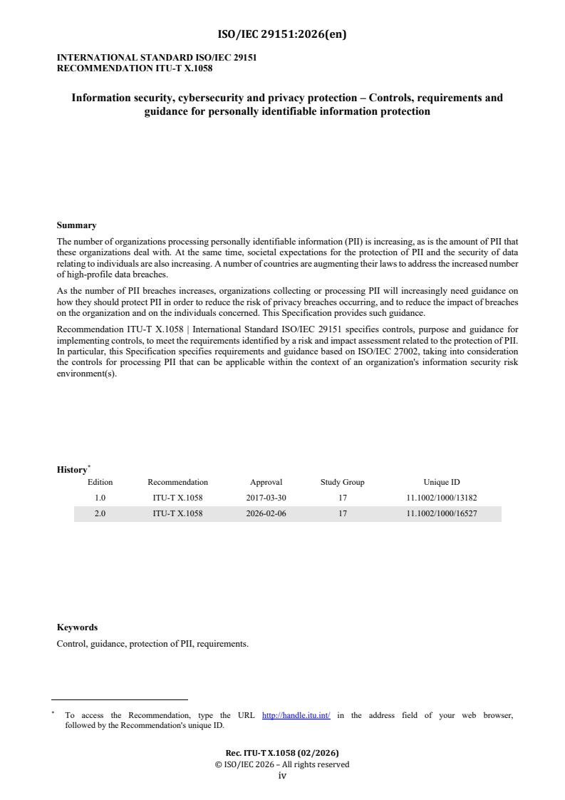 ISO/IEC 29151:2026 ISO/IEC 29151:2026 - Information security, cybersecurity and privacy protection — Controls, requirements, and guidance for personally identifiable information protection - Page 4 preview