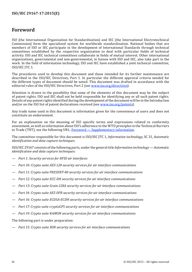 ISO/IEC 29167-17:2015 ISO/IEC 29167-17:2015 - Information technology — Automatic identification and data capture techniques — Part 17: Crypto suite cryptoGPS security services for air interface communications/3/2015 - Page 4 preview