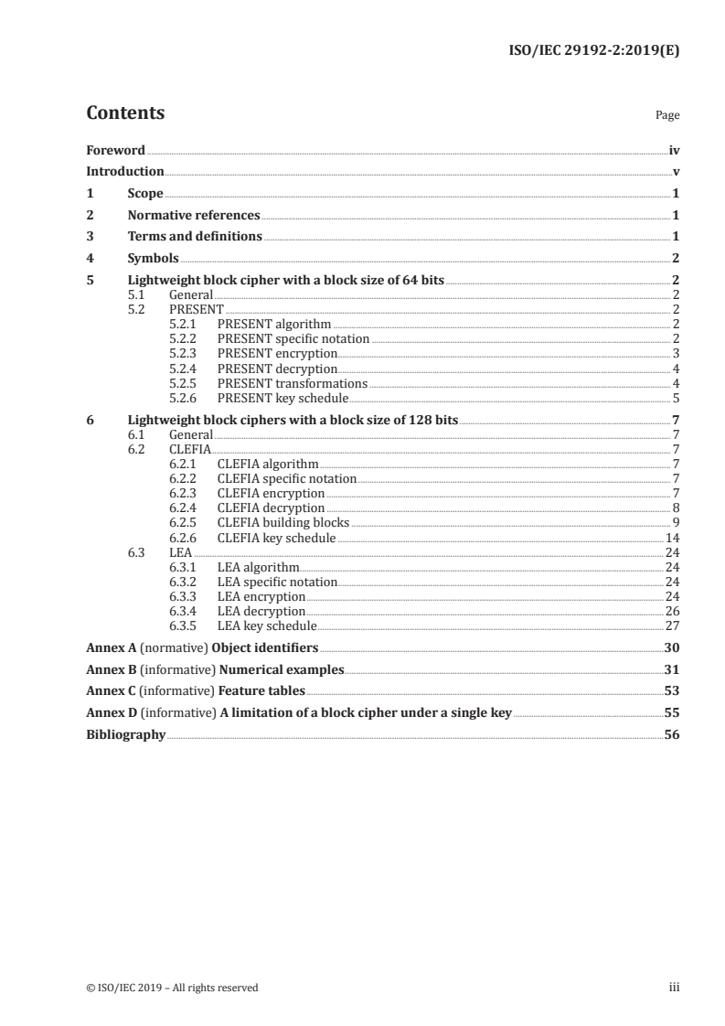 ISO/IEC 29192-2:2019 ISO/IEC 29192-2:2019 - Information security — Lightweight cryptography — Part 2: Block ciphers/15/2019 - Page 3 preview