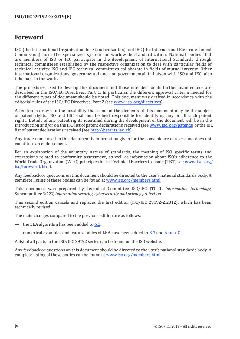 ISO/IEC 29192-2:2019 ISO/IEC 29192-2:2019 - Information security — Lightweight cryptography — Part 2: Block ciphers/15/2019 - Page 4 preview