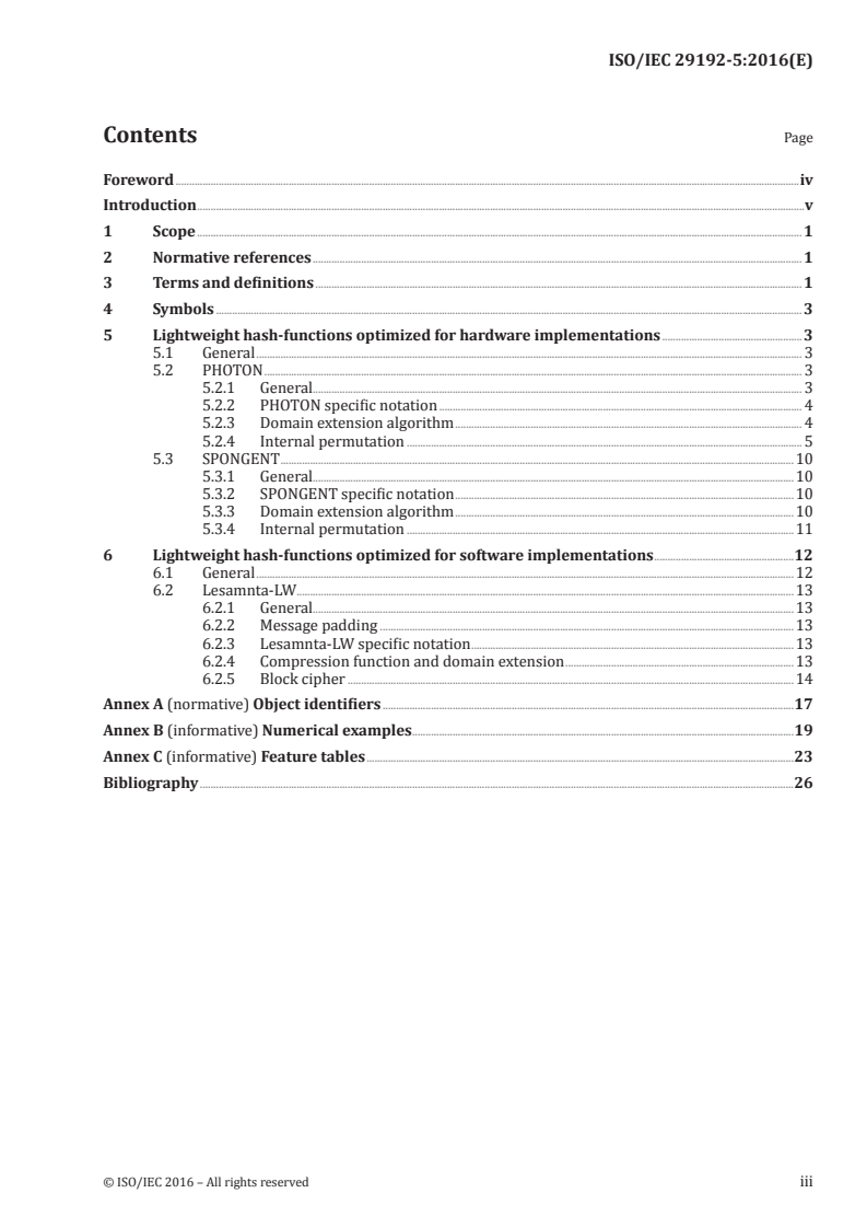 ISO/IEC 29192-5:2016 ISO/IEC 29192-5:2016 - Information technology — Security techniques — Lightweight cryptography — Part 5: Hash-functions/21/2016 - Page 3 preview
