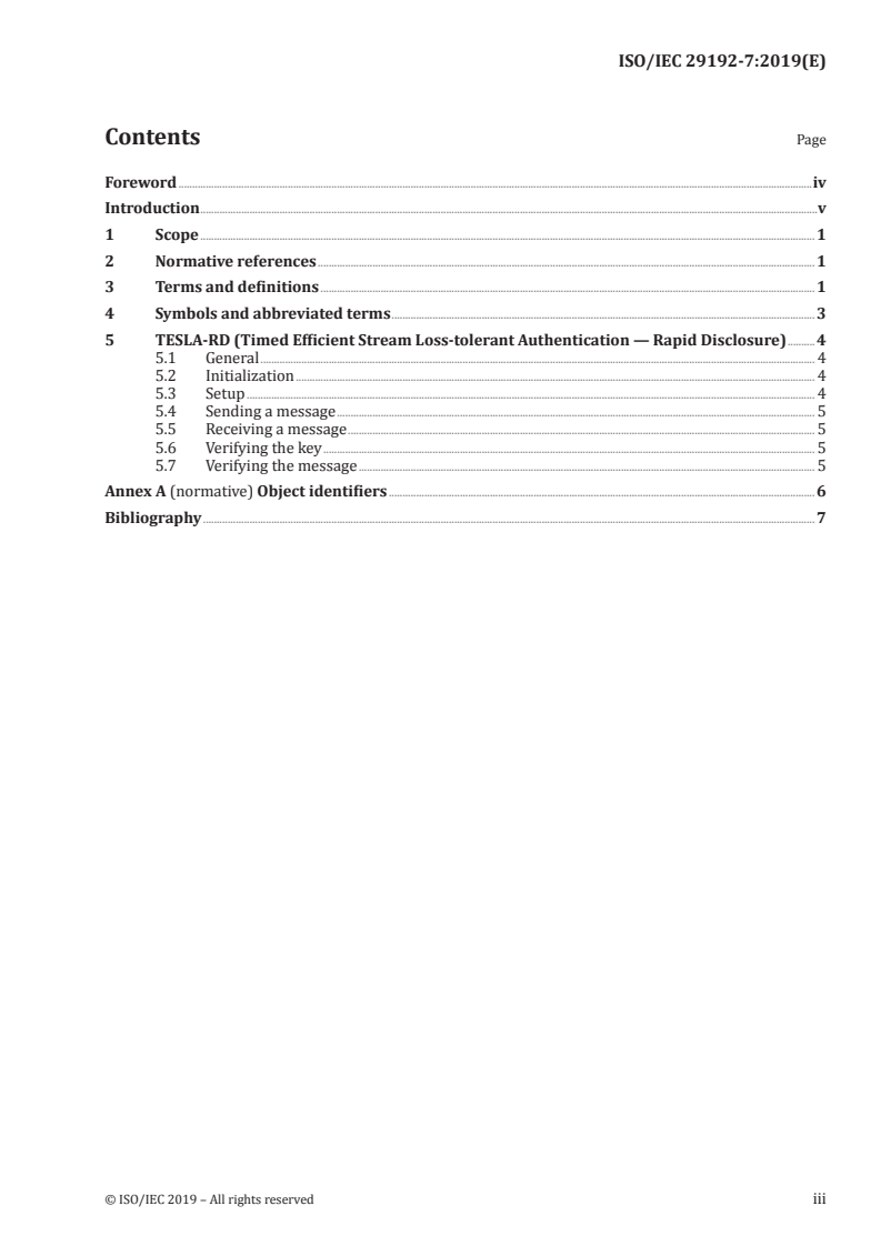 ISO/IEC 29192-7:2019 ISO/IEC 29192-7:2019 - Information security — Lightweight cryptography — Part 7: Broadcast authentication protocols/16/2019 - Page 3 preview