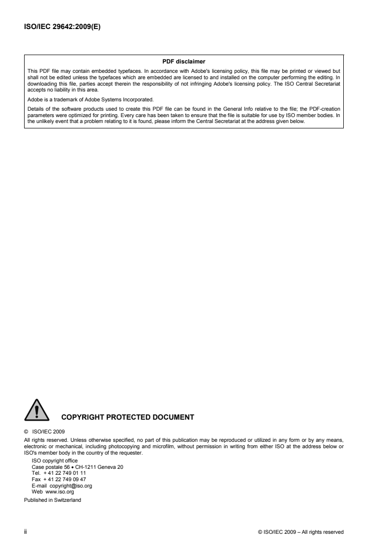 ISO/IEC 29642:2009 ISO/IEC 29642:2009 - Information technology — Data interchange on 120 mm and 80 mm optical disk using +RW DL format — Capacity: 8,55 Gbytes and 2,66 Gbytes per side (recording speed 2,4X)/11/2009 - Page 2 preview