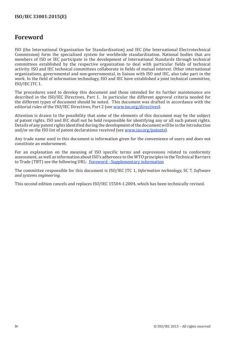 ISO/IEC 33001:2015 ISO/IEC 33001:2015 - Information technology — Process assessment — Concepts and terminology/27/2015 - Page 4 preview
