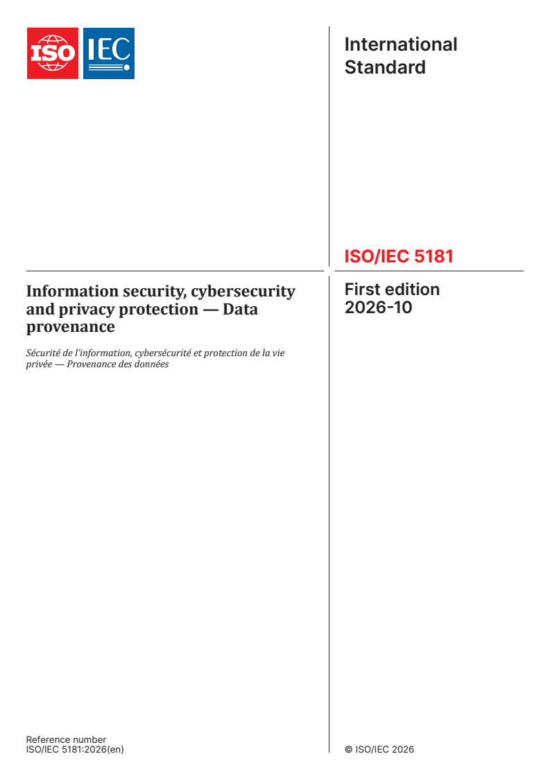ISO/IEC 5181:2026 ISO/IEC 5181:2026 - Information security, cybersecurity and privacy protection — Data provenance - Page 1 preview