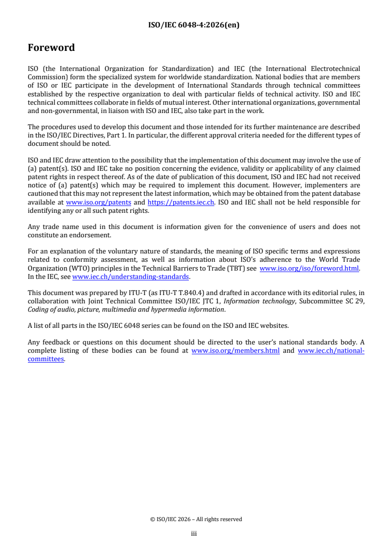 ISO/IEC 6048-4:2026 ISO/IEC 6048-4:2026 - Information technology — JPEG AI learning-based image coding system — Part 4: Conformance - Page 3 preview