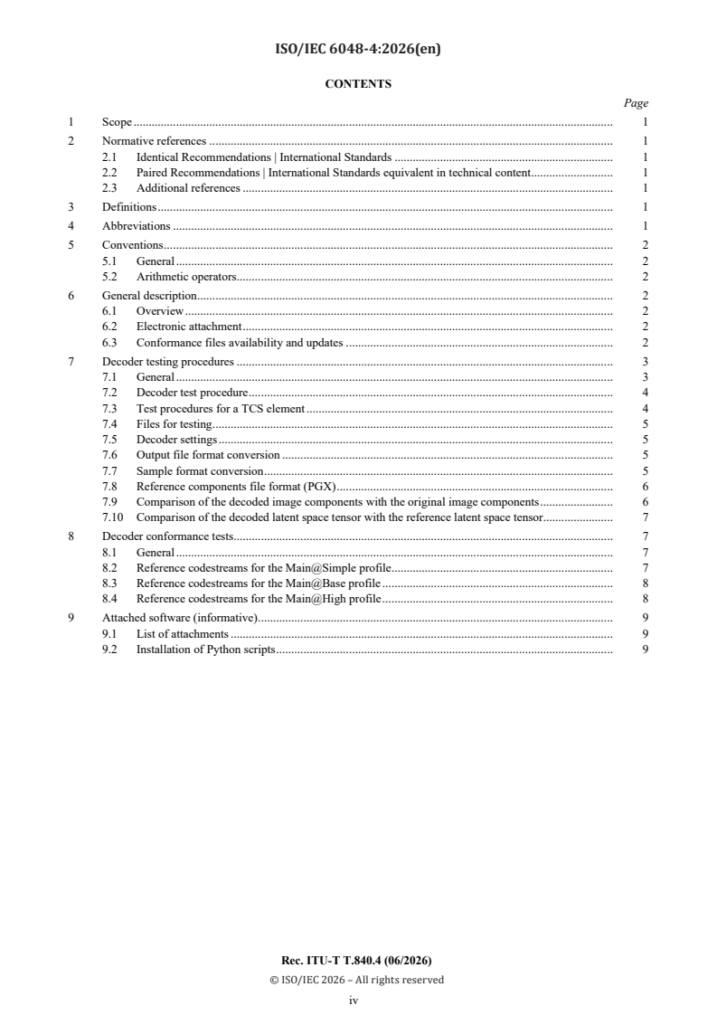 ISO/IEC 6048-4:2026 ISO/IEC 6048-4:2026 - Information technology — JPEG AI learning-based image coding system — Part 4: Conformance - Page 4 preview